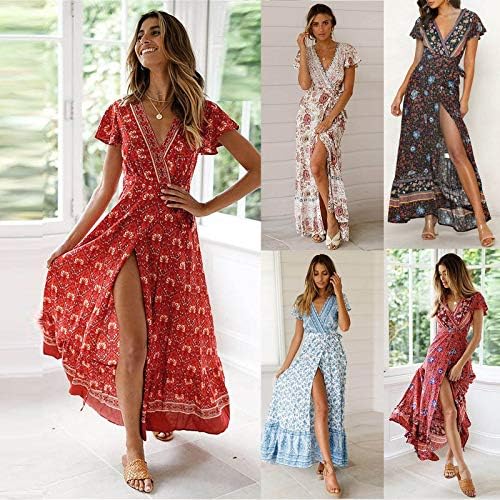 Kadın Maxi Elbiseler Moda Çiçek Baskı Bölünmüş uzun elbise Rahat Kısa Kollu V Boyun Yaz Vintage Sundress Artı Boyutu