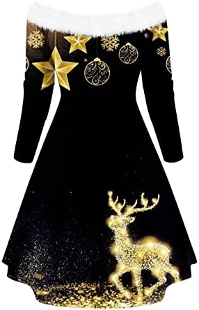 Kadın Noel elbiseler kabartmak yaka kapalı omuz Vintage parti uygun elbise kış Noel elbise