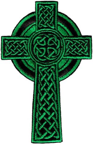 Kelt Haçı Demir-On Yama Yeşil İşlemeli Relgious Gal İrlandalı Haç Goth