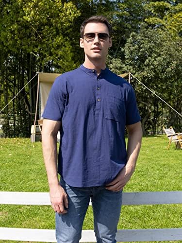 Erkek Pamuk Keten Henley Gömlek Kısa Kollu Rahat Yaz Plaj T Shirt Hippi Bluz Tee Tops