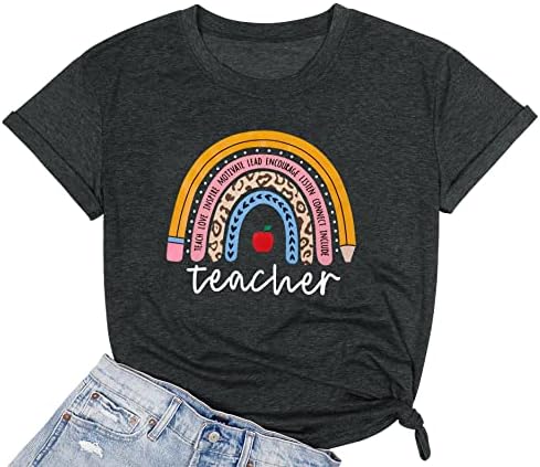 Öğretmen Gömlek Kadınlar için Sevimli Gökkuşağı Leopar Grafik Tee Öğretmenler Hediye T Shirt İlham Kısa Kollu Üstleri